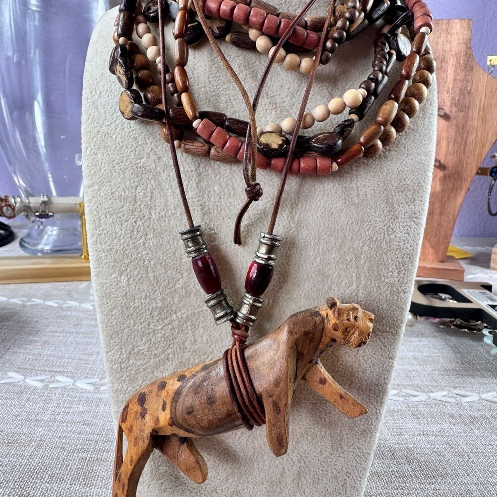 Handcrafted Wooden Lion Sculpture & Wood beads